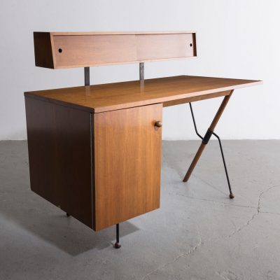 Desk in walnut and wrought iron with pencil box