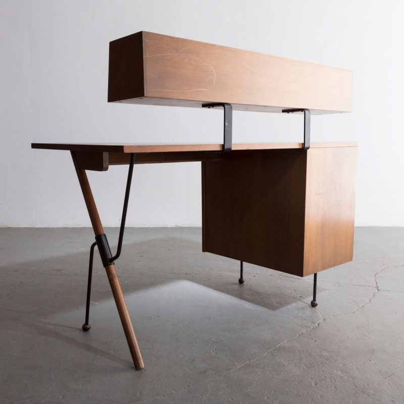 Desk in walnut and wrought iron with pencil box
