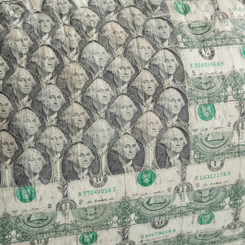 Dollar Bill Flag pillow in cut, pieced, and stitched dollar bills.