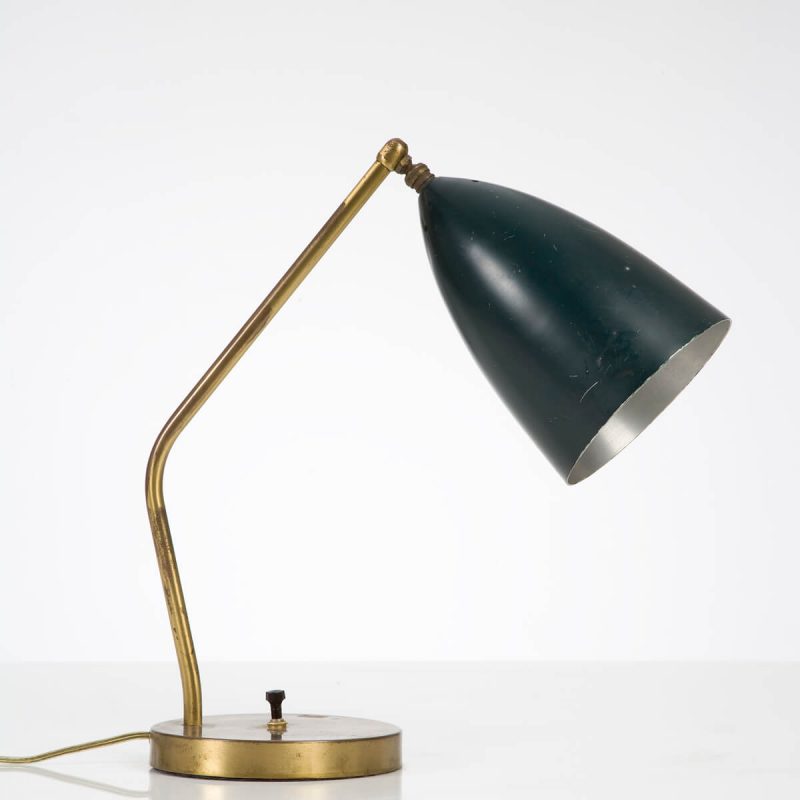 Task lamp in aluminum and brass with original dark green paint.