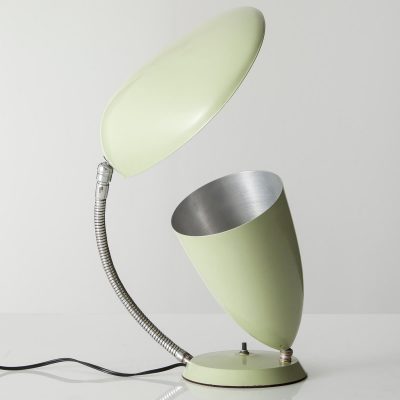 Table lamp in enameled aluminum on a chrome-plated steel base with one cone shade and one 