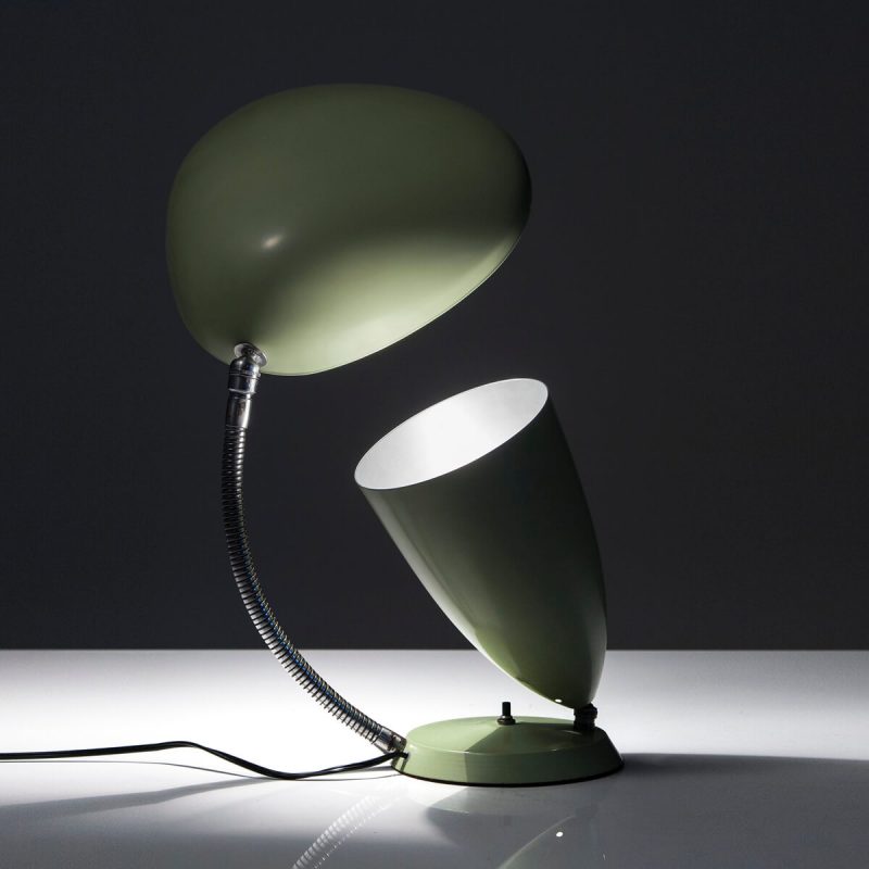 Table lamp in enameled aluminum on a chrome-plated steel base with one cone shade and one 