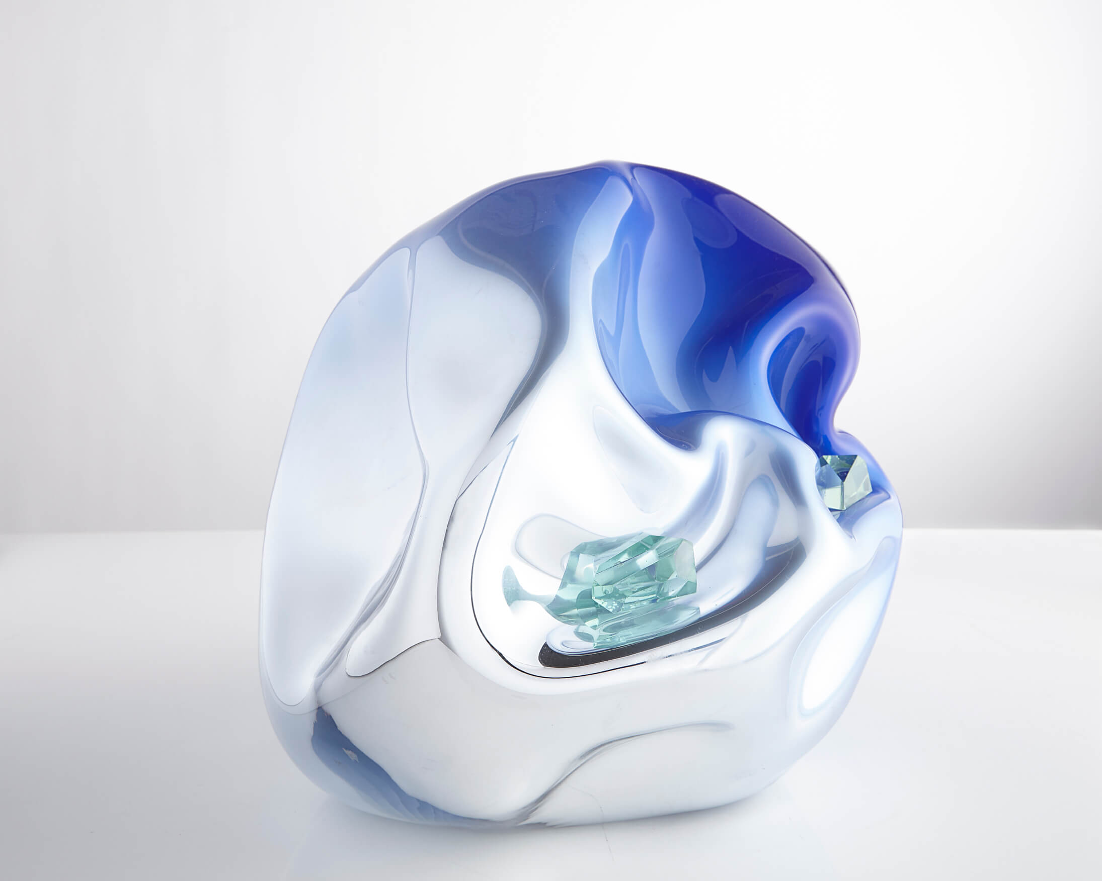 Unique crumpled sculptural vessel with mirrorized surface and applied ...